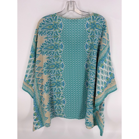 Belle Kim Gravel Teal Blue Paisley Print V-Neck Caftan Tunic Top Blouse M‎ - Picture 2 of 7
